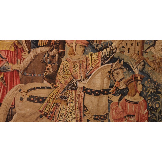 Superb and rare 19th-century stencil tapestry depicting a falconry scene in a flamboyant Gothic style typical of the early...