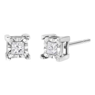 .925 Sterling Silver 1/2 Cttw Miracle Set Princess-cut Diamond Solitaire Stud Earrings, A Pair For Sale