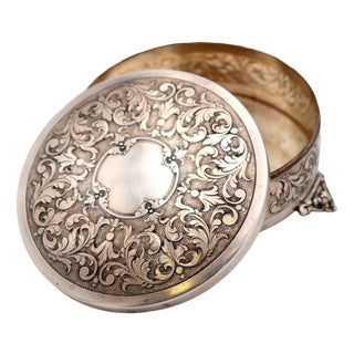 Circular Silver Box with Reliefs and Monogram Card For Sale