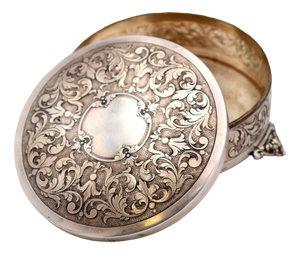 Circular Silver Box with Reliefs and Monogram Card