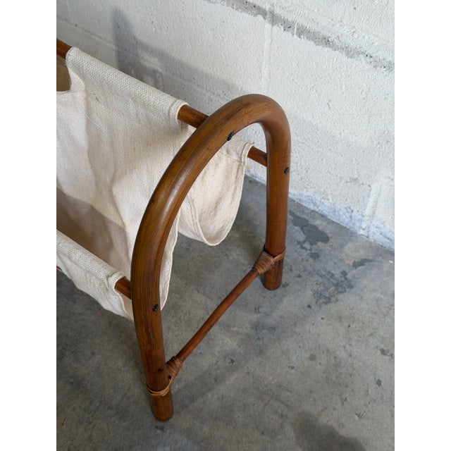 Mid-Century Modern Rattan Magazine Rack With Floral Embroidered Canvas Mid-Century Modern 1970s For Sale - Image 3 of 9