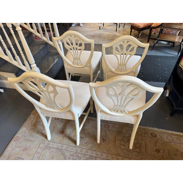 19th Century Antique Mahogany Hepplewhite Style Shieldback Chairs Painted French Linen White For Sale - Image 10 of 10