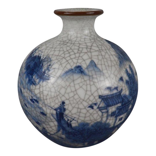 Vintage Chinese Crackle Glaze Blue & White "Jiangnan Water Town" Landscape Vase For Sale