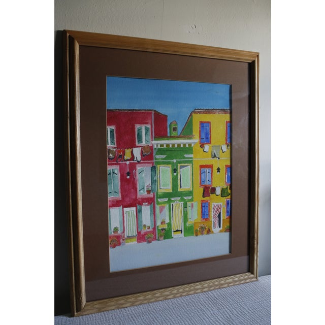 Mid-Century Style Signed Framed Expressionist Watercolor - Burano Canal Houses For Sale - Image 6 of 16