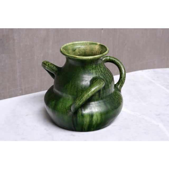Belgian Art Nouveau Sculptural Green Glazed Tri-Handled Vase, 1910s For Sale - Image 10 of 11