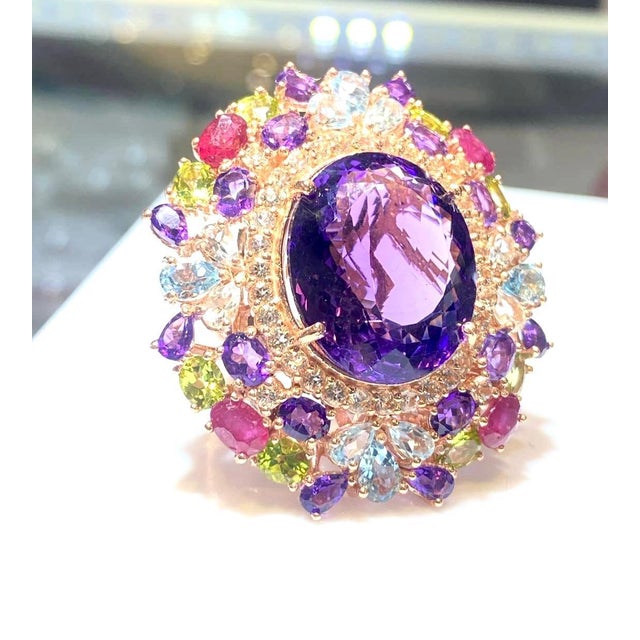 Purple Bochic “Orient” Amethyst & Ruby & Multi Gem Cocktail Ring Set 18K & Silver, Size 9 For Sale - Image 8 of 12