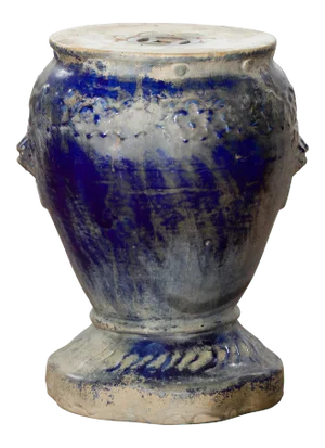 Chinese Qing Dynasty Period Blue Glazed Garden Seat with Floral Motifs on Base