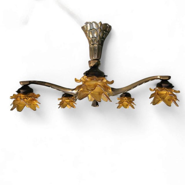 Art Deco Art Nouveau Brass Chandelier with Hand-Blown Floral Shades For Sale - Image 13 of 18