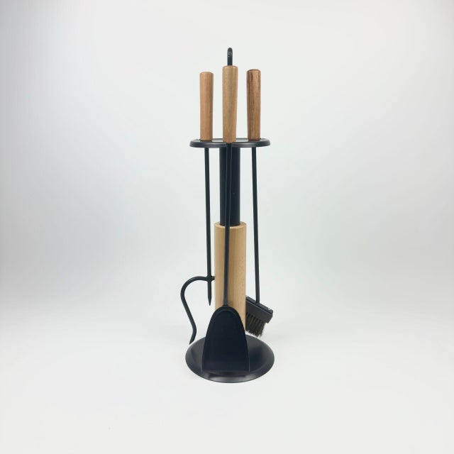 Modern Fireplace Tool Set (66cm) Matte Black & Natural Wood Handles – 4 Piece Kit For Sale - Image 10 of 10