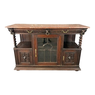 19th Century Marble Top Continental Oak Buffet With Leaded Glass Door For Sale
