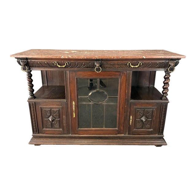 19th Century Marble Top Continental Oak Buffet With Leaded Glass Door For Sale
