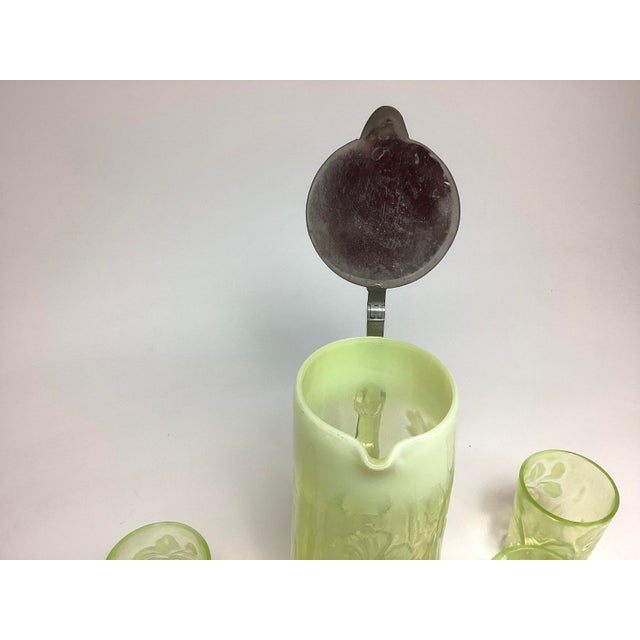 Glass Early 20th Century Rare Northwood Opalescent Daffodil Uranium Glass Pitcher & Six Glasses Water Lemonade Set For Sale - Image 7 of 10
