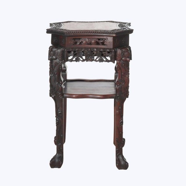 Antique Chinese Floral & Figural Carved Rosewood Rouge Marble Top Stand C1920 For Sale - Image 9 of 12