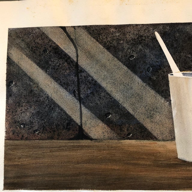 Contemporary Original Vintage Modernist Watercolor Painting Pot With Brush Still Life For Sale - Image 3 of 5