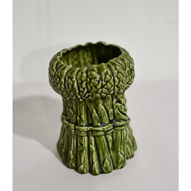 Mid 20th Century Vintage Ceramic Majolica Style Vase With Ribbon Tied Around a Stalk of Asparagus For Sale - Image 5 of 8