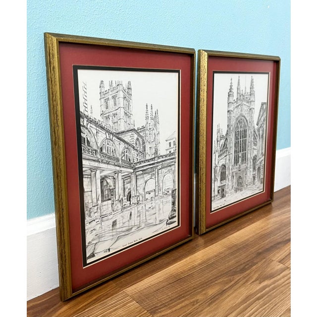 Wood 1970's Framed English Illustrated Prints by Griffin: The Great Roman Bath and Bath Abby in England For Sale - Image 7 of 11