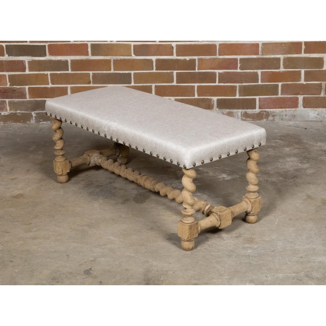 Early 20th Century English 1900s Bleached Wood Bench with Barley Twist Base and Custom Upholstery For Sale - Image 5 of 12