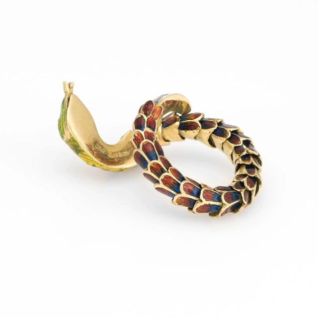 Mid 20th Century Vintage Snake Ring 18 Karat Gold Enamel Flexible Estate Fine Jewelry Scales size 10 For Sale - Image 5 of 7