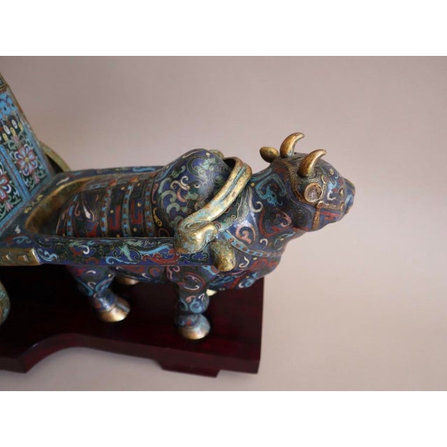 Early 1900s Antique Cloisonné Ox Pulling Cart on Wood Stand For Sale In San Francisco - Image 6 of 9