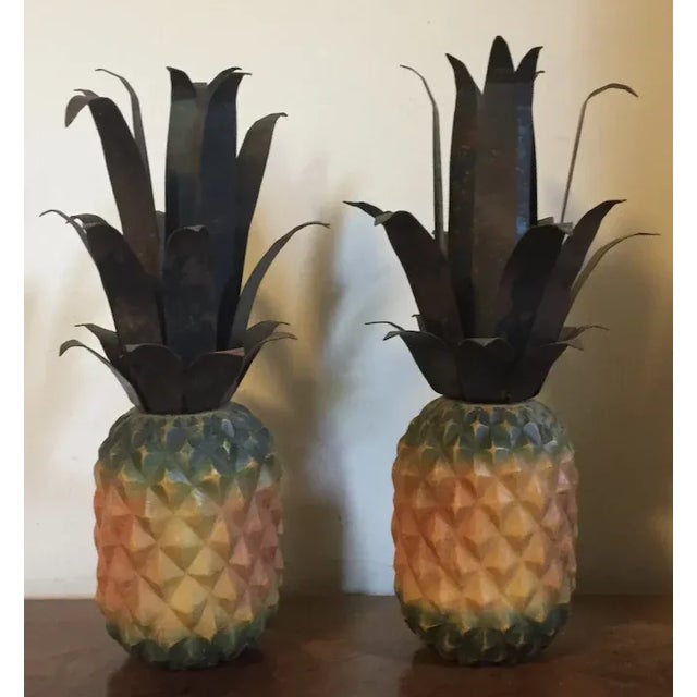 American Folk Art Carved Wood, Tole & Paint Decorated Pineapples - A Pair For Sale - Image 9 of 10