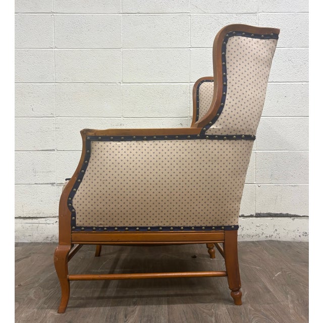 Beige Vintage Country French Fruitwood Upholstered Wingback Chair For Sale - Image 8 of 10