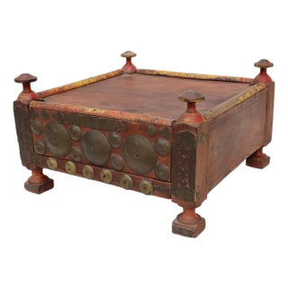 Vintage Wood Side Table with Brass Details, 1930s For Sale