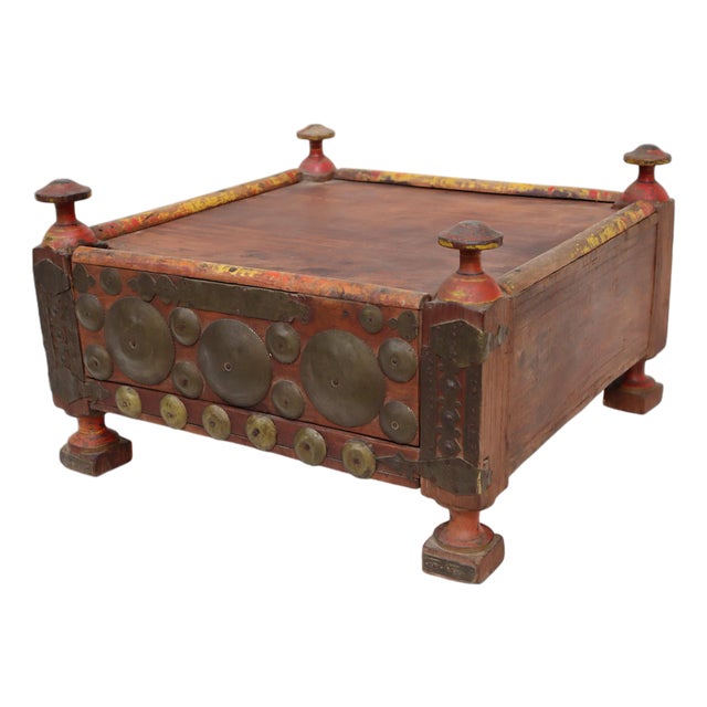 Vintage Wood Side Table with Brass Details, 1930s For Sale