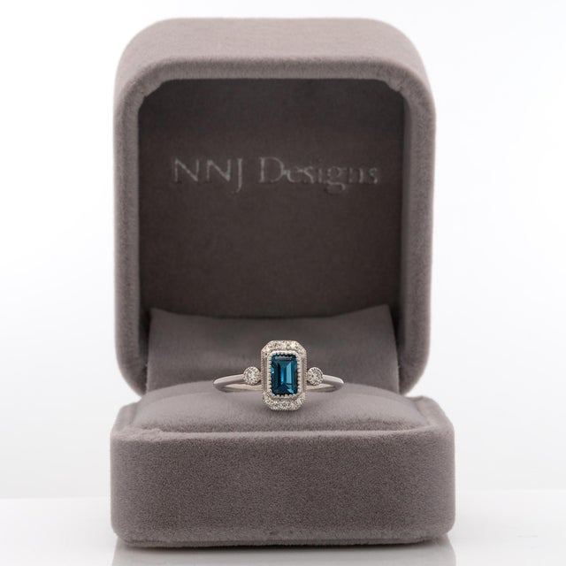 Modern London Blue Topaz Ring With Earth Mined Diamond Accents: Solid 14k Gold, Size 6.75 For Sale - Image 3 of 8