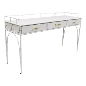 Vintage Hollywood Regency Faux Bamboo White 3 Drawer Metal Hall Console Table