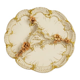 1950s Italian Rococo Revival Divided Ceramic Serving Tray With Applied Florals & Gilt Accents For Sale