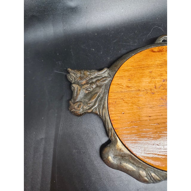 Vintage Cast Iron Cow Footed Trivet Wood Center Kitchen Hot Pad Rustic