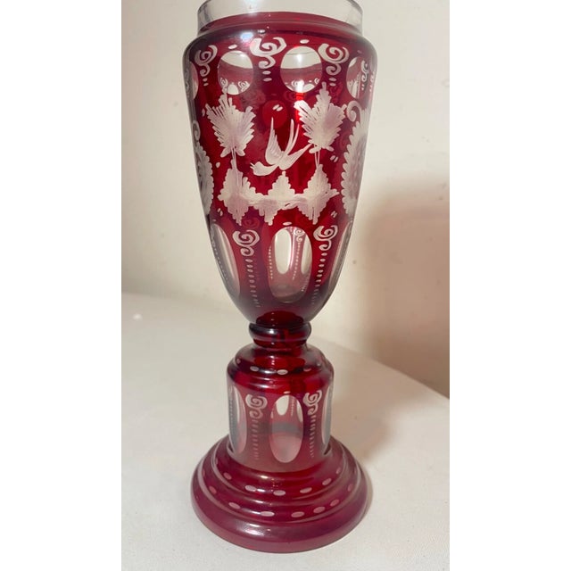 Glass 1920s High Quality Handmade Moser Cut to Clear Ruby Red Crystal Glass Etched Vase For Sale - Image 7 of 14