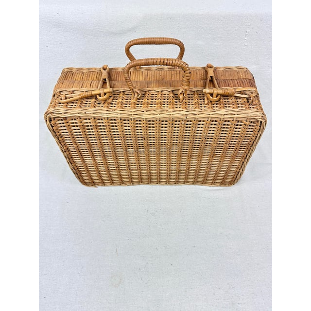 Mid 20th Century Vintage MCM Rattan Bamboo Suitcase Style Picnic Basket For Sale - Image 5 of 9