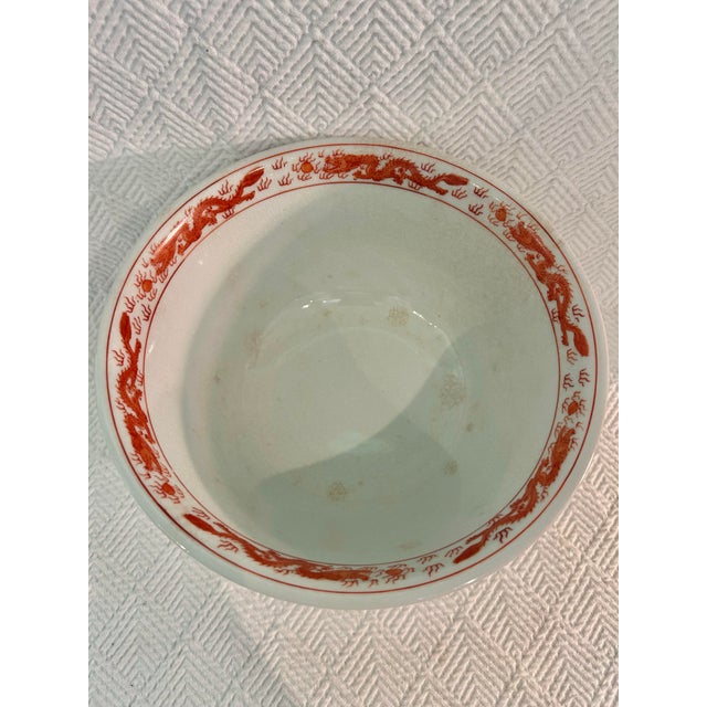 White Vintage 10” Hand-Painted Porcelain Lotus & Dragon Centerpiece Bowl With Ming Style Wood Stand For Sale - Image 8 of 11