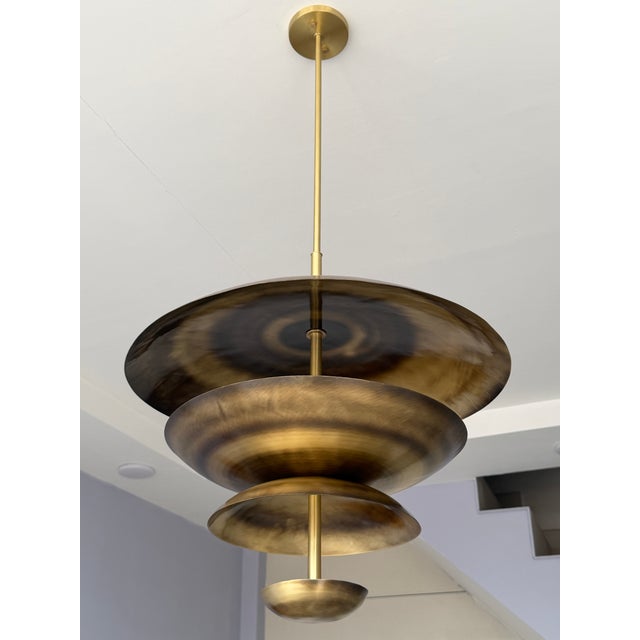 Handmade Solid Brass Tiered Chandelier: Modern Sculptural Pendant Light Fixture For Sale - Image 4 of 15