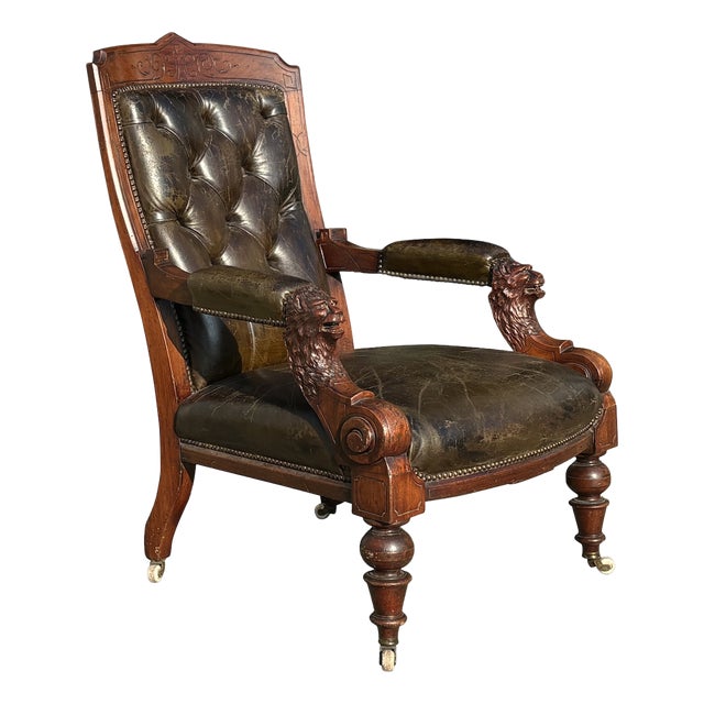 19th Century Arts & Crafts Carved Walnut & Leather Library Armchair, 1880 For Sale
