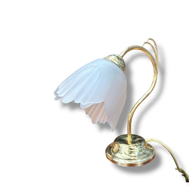 Vintage Art Nouveau Style Brass and Frosted Glass Flower Table Lamp For Sale - Image 3 of 9