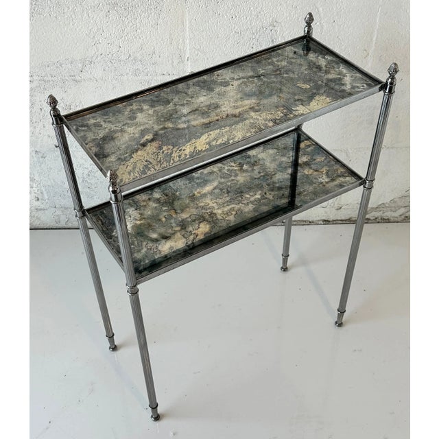 2 Tiers Side Table in the style of Maison Bagues in nickel plated brass and antique finish mirror.