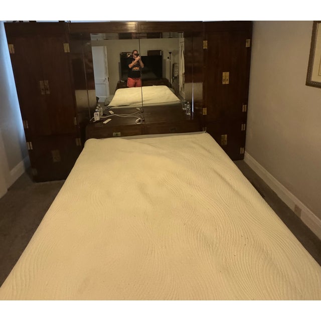 Beautiful Campaign Style Headboard with Storage, Queen Size Bed Frame, 2 Side Armoires with Shelving and Drawers below,...