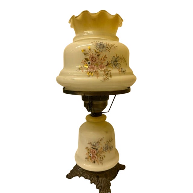 Vintage Victorian "Gone With the Wind" Floral Milk Glass Hurricane Parlor Lamp For Sale