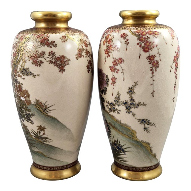 Japanese Early Showa Satsuma Vases by Manpei, Kobe, 1930s, Set of 2 For Sale - Image 3 of 12