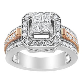 14K White and Rose Gold 1 1/8 Cttw Princess and Round-Cut Diamond Art Deco Style Triple Shank Halo Cocktail Ring - Size 7 For Sale