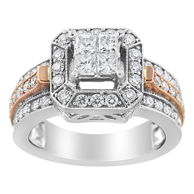 14K White and Rose Gold 1 1/8 Cttw Princess and Round-Cut Diamond Art Deco Style Triple Shank Halo Cocktail Ring - Size 7 For Sale