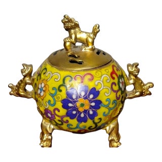 Late 20th Century Gilt Bronze Cloisonné Enamel Tripod Incense Burner With Guardian Lion Finial For Sale