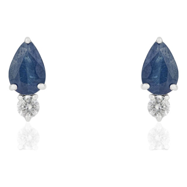 Minimalist 1.08ct Pear-Cut Blue Sapphire & Diamond Stud Earrings 14k Gold- A Pair For Sale