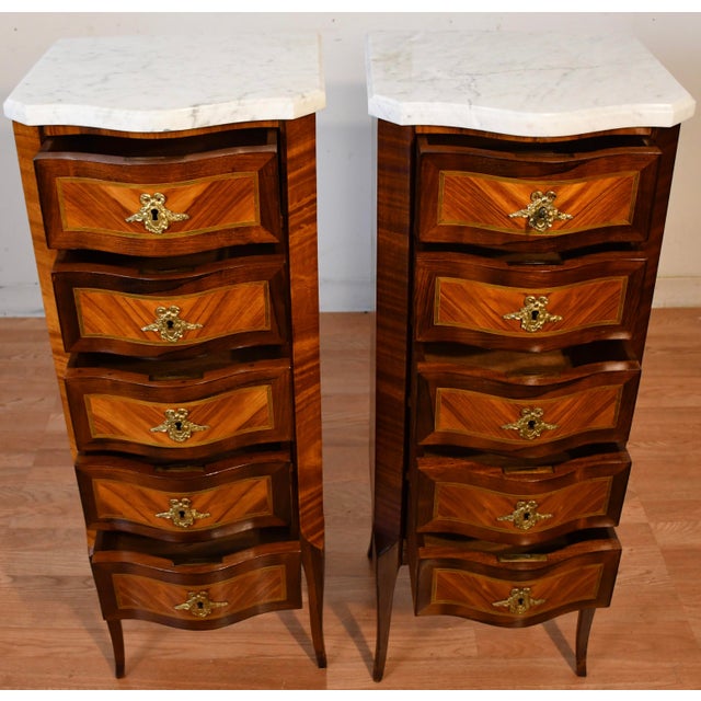 Brown 1900s Pair Antique French Louis XV Walnut & Satinwood Marble Top Lingerie Stands For Sale - Image 8 of 18