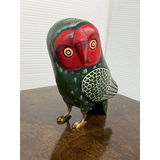 Indian Sudha Hand-Painted Wooden Owl Figurine For Sale - Image 3 of 12