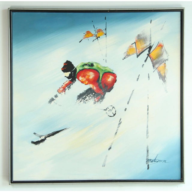 Large Scale Vintage 1970's Ski School Acrylic on Canvas Painting For Sale - Image 11 of 11