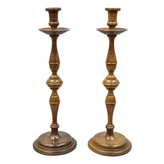 Vintage Italian Renaissance Jacobean Turn Carved Oak Wood 18.5" Candlestick Pair For Sale