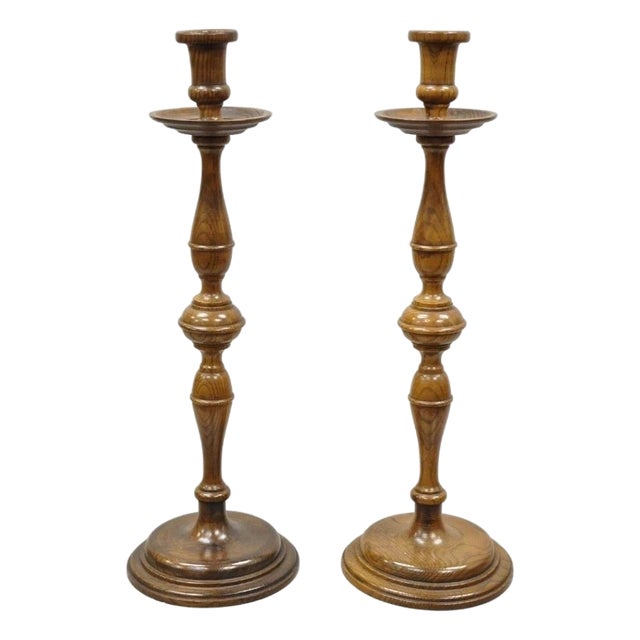 Vintage Italian Renaissance Jacobean Turn Carved Oak Wood 18.5" Candlestick Pair For Sale